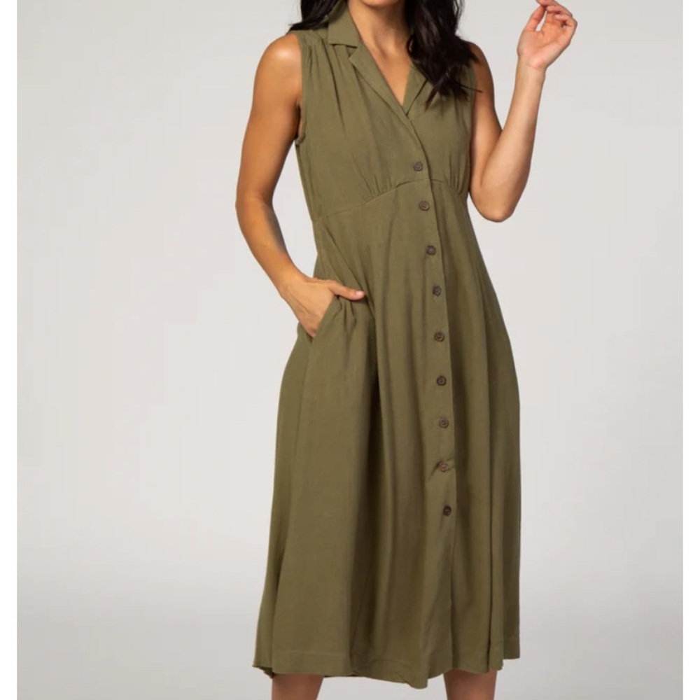 Easel Collared Neck Button Front Linen Midi Dress